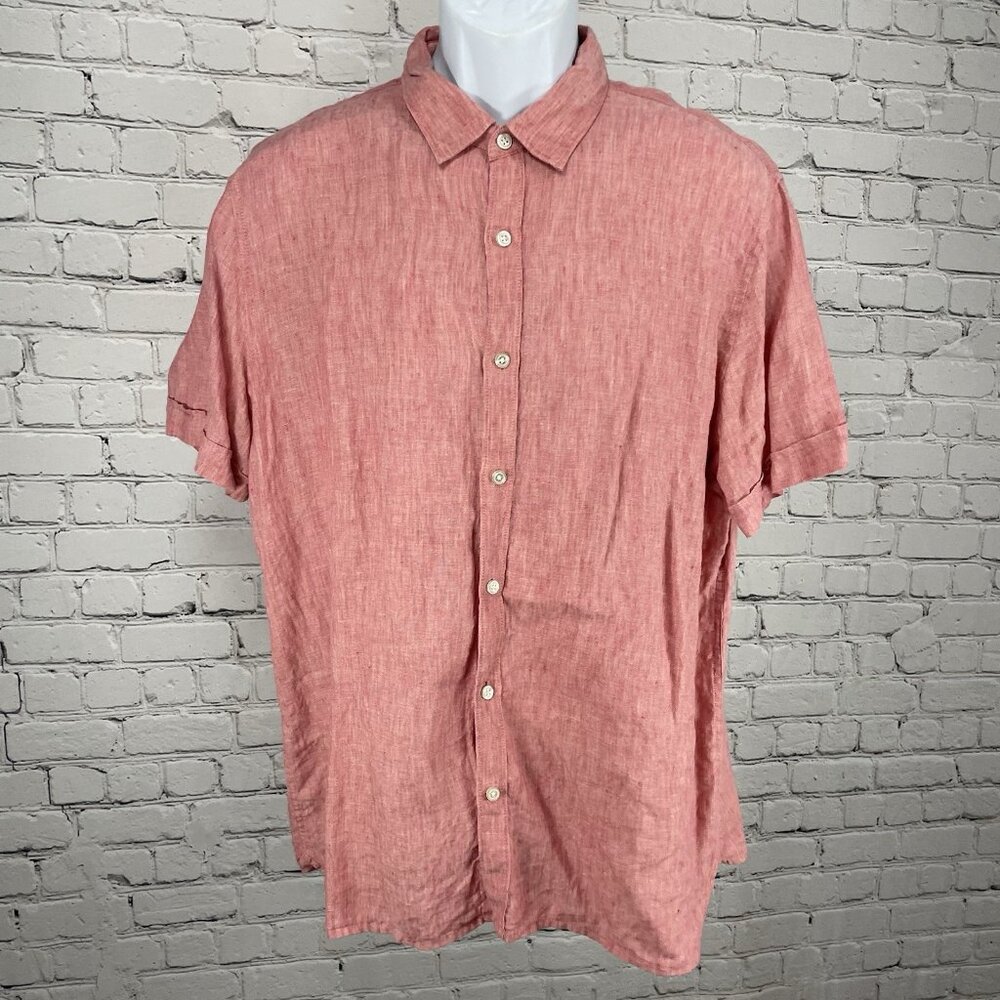 Perry Ellis Muted Red 100% Linen Button Up Short Sleeve Shirt Size Large L